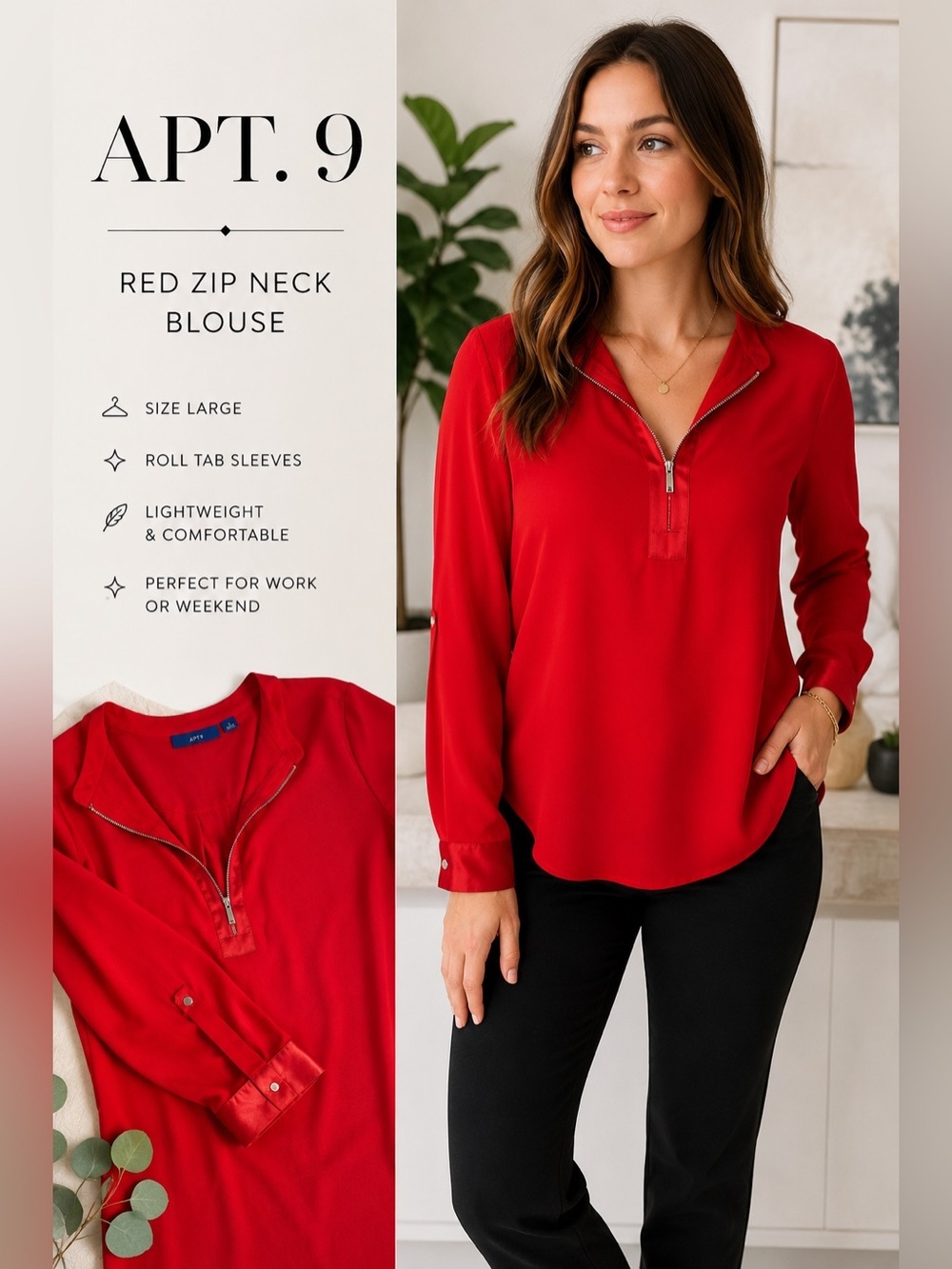 APT. 9 Red Zip Neck Blouse Women’s Large Roll Tab Long Sleeve Career Top